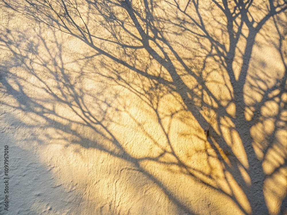 Poster serene double exposure of tree branches casting sunlight shadows on a white wall, emphasizing natura