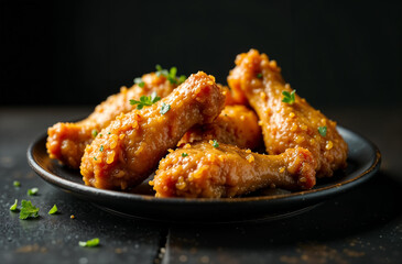 Fototapeta premium Chicken wings on dark background, photo food restaurant menu. AI Generative
