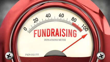 Fundraising and Donations Meter that is hitting a full scale, showing a very high level of fundraising, overload of it, too much of it. Maximum value, off the charts.  ,3d illustration