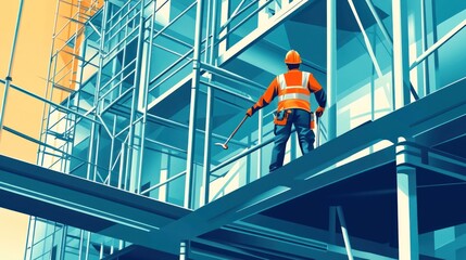 Construction Worker on Scaffolding Illustration Teal Hues Building Structure