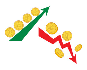 Dollar Arrow Up And Dollar Arrow Down Sign. Dollar Money upward arrow and a downward arrow concept. Flat, Vector, Illustration, Cartoon, EPS10.   