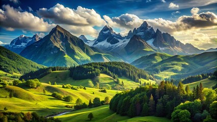 Fototapeta premium Serene Landscape with Isolated Mountain Peaks Surrounded by Lush Green Valleys and Clear Blue Sky Reflecting Tranquility and Natural Beauty in a Remote Location