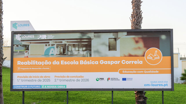 Billboard announcing school rehabilitation in loures, portugal