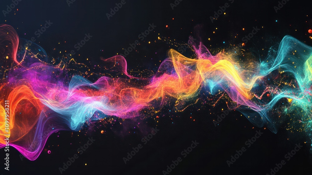 Poster modern abstract motion banner showcasing a blend of colorful particles and lines that seem to dance 