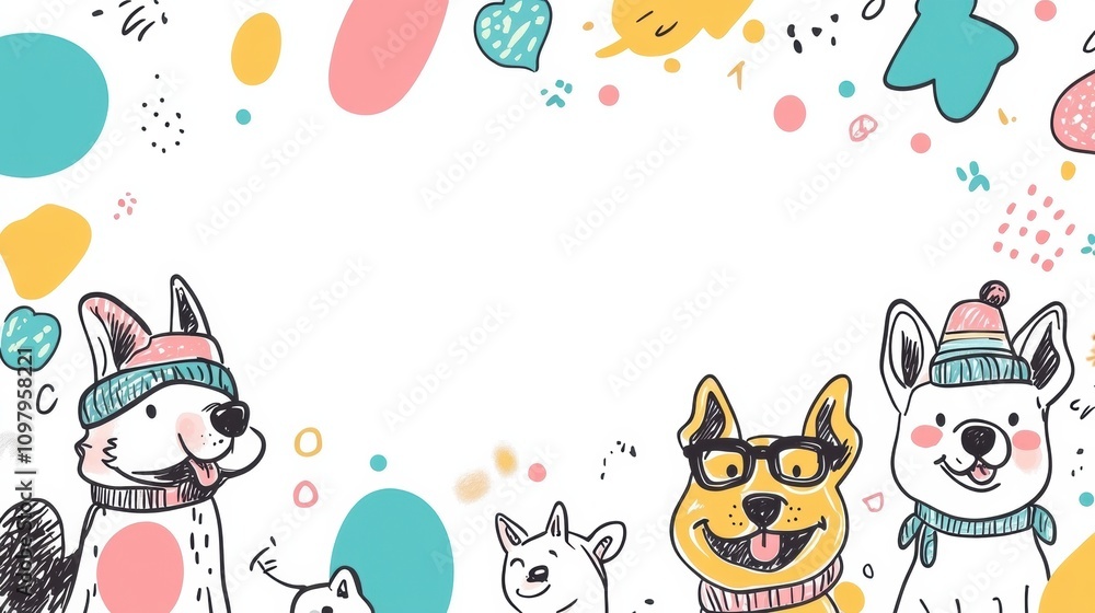 Poster charming doodle illustrations showcase various dogs with playful expressions, set against vibrant co