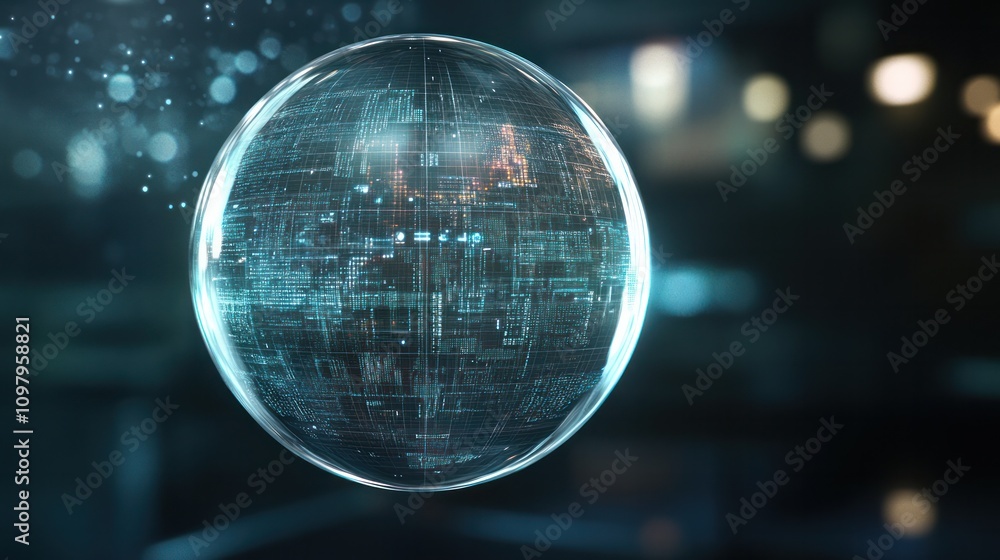 Poster a transparent 3d sphere with floating keywords and search terms inside, illustrating the concept of 