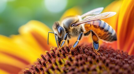 Naklejka premium Honey bee gathering pollen on vibrant flower in blurred background