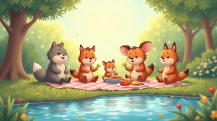 Fototapeta premium Animal Friends Enjoying a Picnic by a Spa