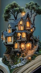 Obraz premium Miniature village emerges from open storybook with glowing windows