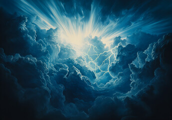 Fototapeta premium A dramatic sky with dark storm clouds and lightning, symbolizing the power of divine, torrential lightning.
