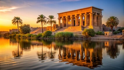 Serene Minimalist View of an Egyptian Temple on the Riverbank at Dusk, Highlighting Ancient Architecture and Reflective Waters in a Tranquil Setting