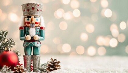 Vintage nutcracker Christmas ornament. Nutcracker figurine stands beside festive ornaments on a snowy surface with soft bokeh lights in the background.