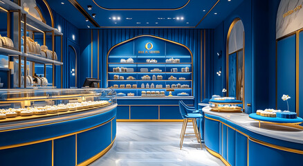 Interior of a luxury sewing store, the interiors of the shop has the color royal blue and gold, there is a small cafe inside, that serves butter cookies in circular blue boxes of cookies, minimal.