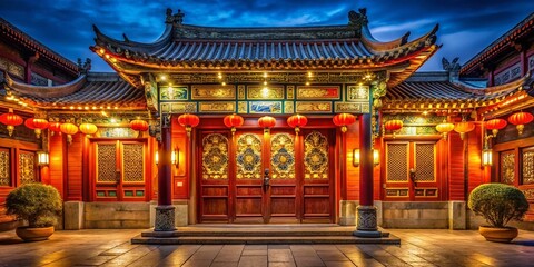 Serene Night Photography of a Chinese Classical Door in Temple with Beautiful Walls, Celebrating the Spirit of Chinese New Year and Interior Design Elegance