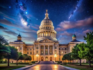 Naklejka premium Serene Night View of the Texas State Capitol Building in Austin, Capturing Minimalist Architecture and a Starry Sky, Ideal for Travel and Cityscape Photography