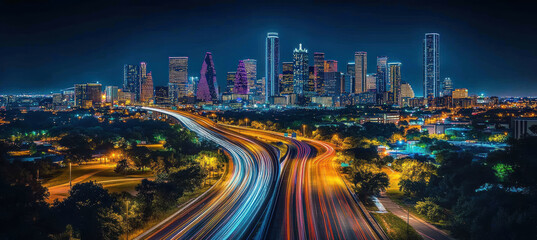 Naklejka premium City skyline at night with light trails