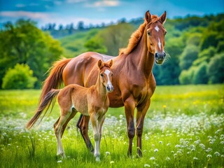 Fototapeta premium Serene Portrait of a Gentle Mare with Her Playful Colt in a Lush Green Pasture Under a Bright Blue Sky, Capturing the Bond Between Mother and Foal in Nature's Beauty
