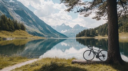 Scenic view of a lake surrounded by mountains with a bicycle resting against a tree.