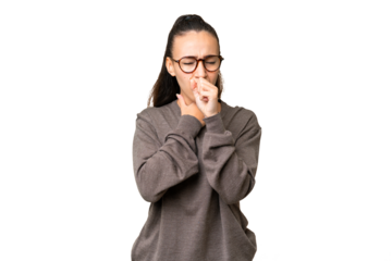 Young Arabian woman over isolated chroma key background coughing a lot