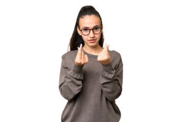 Young Arabian woman over isolated chroma key background making money gesture but is ruined