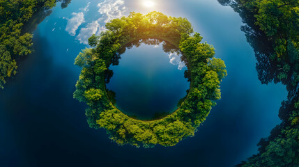 Fototapeta premium Aerial View Tiny Planet Lush Green Island Lake