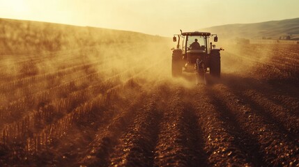 Fototapeta premium Tractor plowing field at sunset.