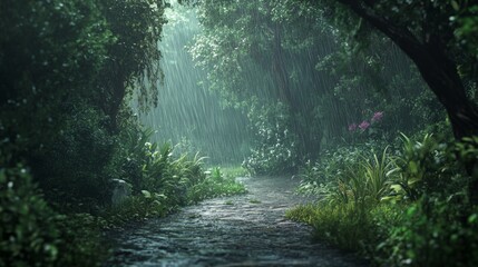 Obraz premium Path through a lush green forest with light rain, ideal for a peaceful nature vibe