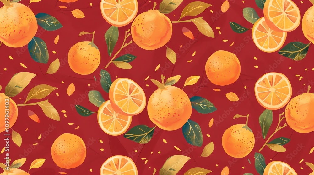 Poster a seamless pattern of oranges and leaves on a red background.