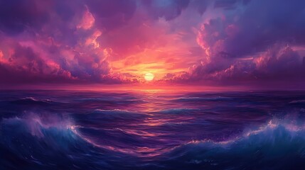 Fototapeta premium Vibrant sunset over ocean waves. (1)