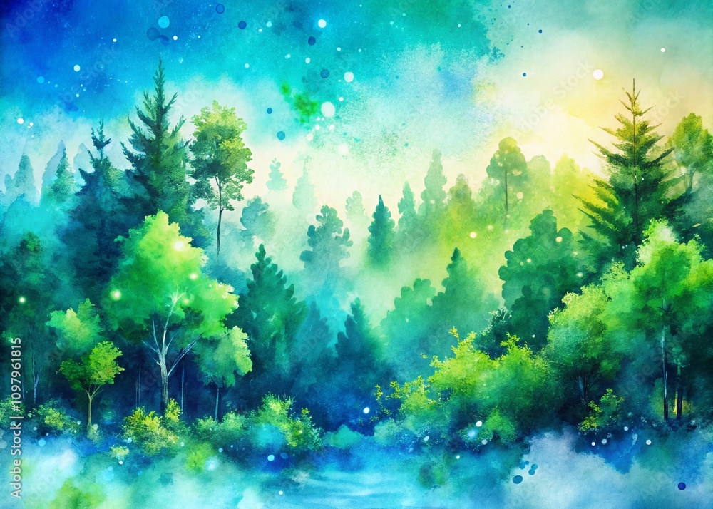Aufkleber serene summer forest vibes - abstract watercolor background with cool blue and green splashes for re