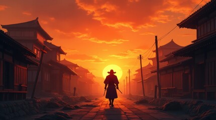 Fototapeta premium A Lone Samurai Amidst the Ruins