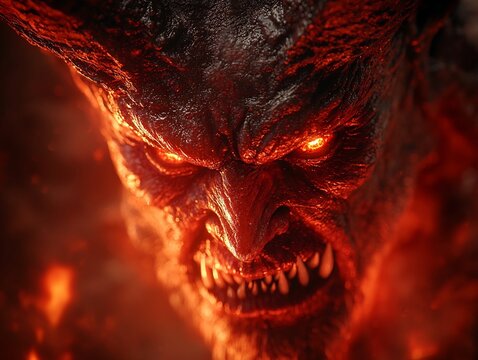 Fierce Demonic Face with Glowing Red Eyes and Hellish Flames   Menacing Evil Concept