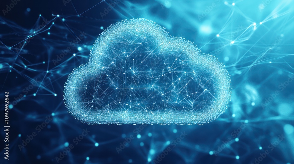 Poster a large cloud icon in the center, showcasing intricate internal connections and a network of lines e