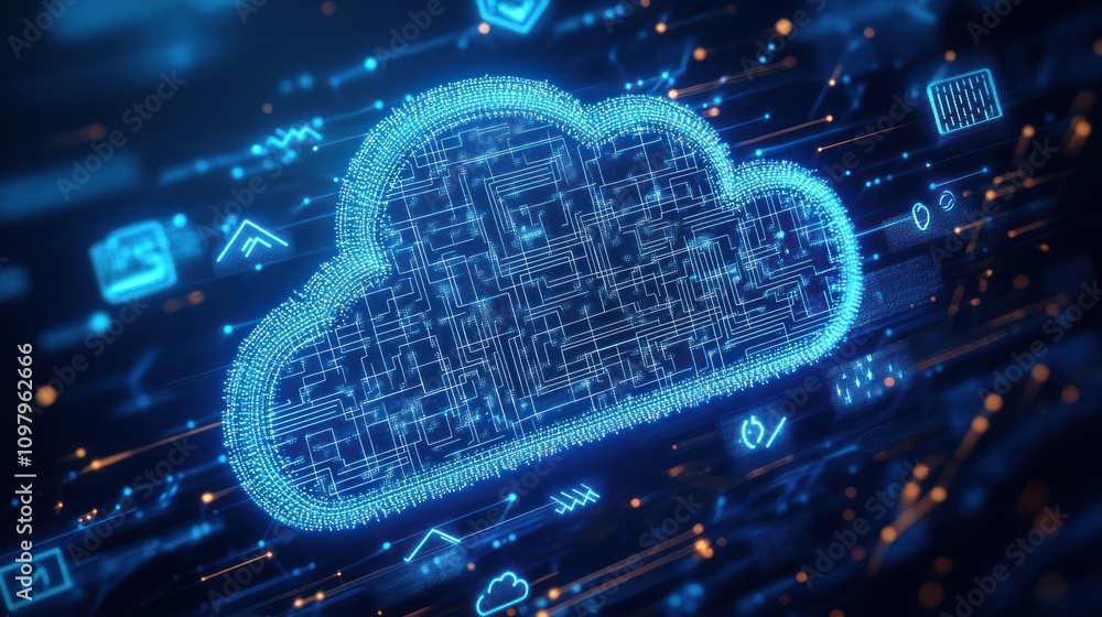 Poster a large cloud icon in the center, showcasing intricate internal connections and a network of lines emanating from it. The background is a soft gradient of azure and white,