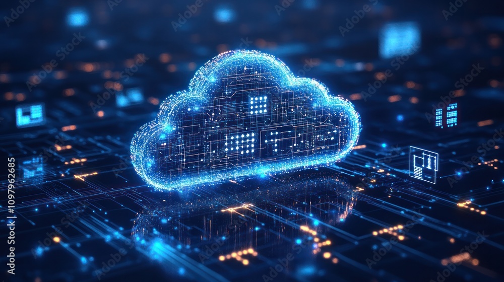 Poster a large cloud icon in the center, showcasing intricate internal connections and a network of lines e