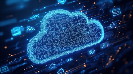 Fototapeta premium a large cloud icon in the center, showcasing intricate internal connections and a network of lines emanating from it. The background is a soft gradient of azure and white,