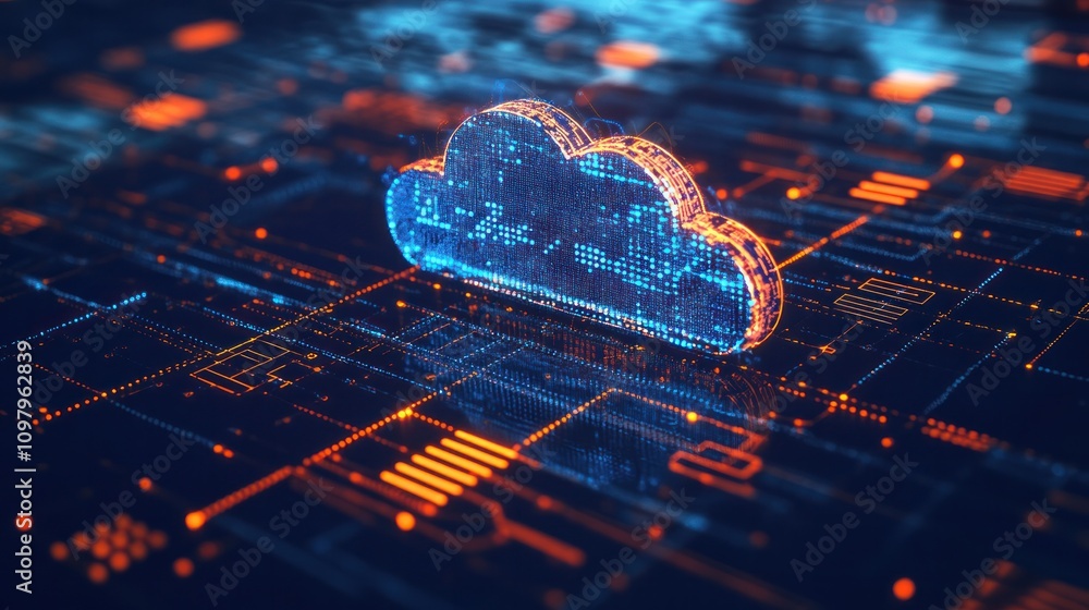 Poster a large cloud icon in the center, showcasing intricate internal connections and a network of lines emanating from it. The background is a soft gradient of azure and white,
