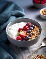A bowl of granola and yogurt with fresh berries, styled on a gray table with a soft blanket and a hand holding a spoon