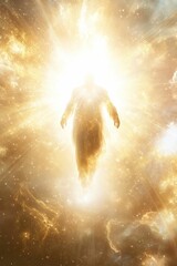 Fototapeta premium Radiant figure ascends, golden celestial glow.