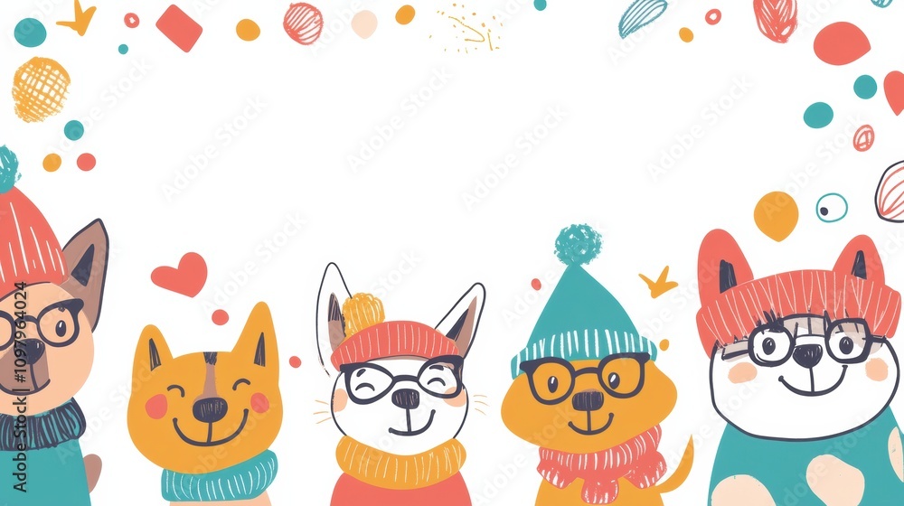 Aufkleber charming doodle drawings feature five dogs in hats and glasses, vibrant colors, and whimsical shapes