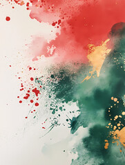 abstract watercolor background with red, green and golden paint splashes