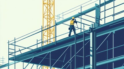 Naklejka premium Construction Worker on Steel Structure Illustration