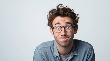 Obraz premium Portrait of a surprised young man with messy hair and glasses.