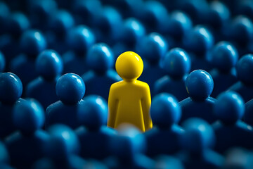Obraz premium A single yellow figure stands out amongst a sea of blue figures, symbolizing individuality, uniqueness, leadership, vision, and standing out.