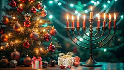 Festive holiday scene with a Christmas tree, ornaments, gifts, and a lit Hanukkah menorah, perfect for celebrating interfaith holidays, seasonal greetings, or festive decoration concepts