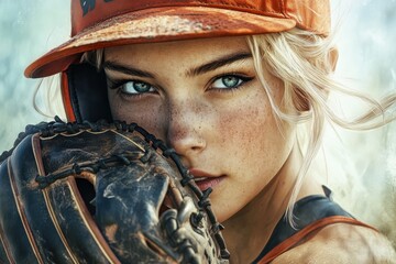 Female Baseball Player with Glove. Attractive Blonde Catcher in Action