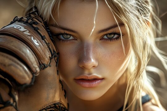 Female Baseball Player: Catcher in Action. Attractive Blonde Woman. Adult Activity Background