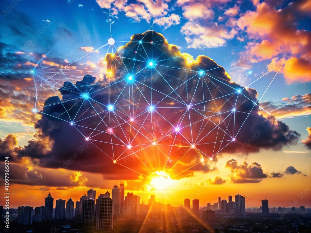 Poster silhouette of cloud computing infrastructure: modern it system solutions for business efficiency and