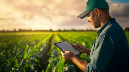 Innovative Farmer Utilizing Technology to Enhance Agriculture and Productivity in a Vibrant Cornfield at Sunset