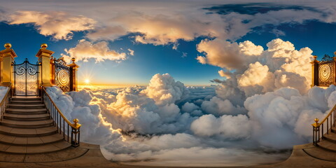 Full 360 degrees seamless spherical panorama HDRI equirectangular projection of stairway to heaven's gates in clouds. Texture environment map for lighting and reflection source rendering 3d scenes.